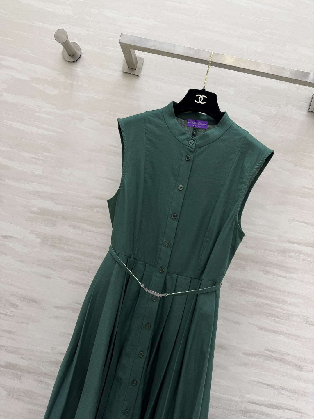 Ralph Lauren高端线｜紫标系列💜立领亚麻无袖长裙 奶黄｜墨绿两色 细腰带收腰 百褶大摆 亚麻质