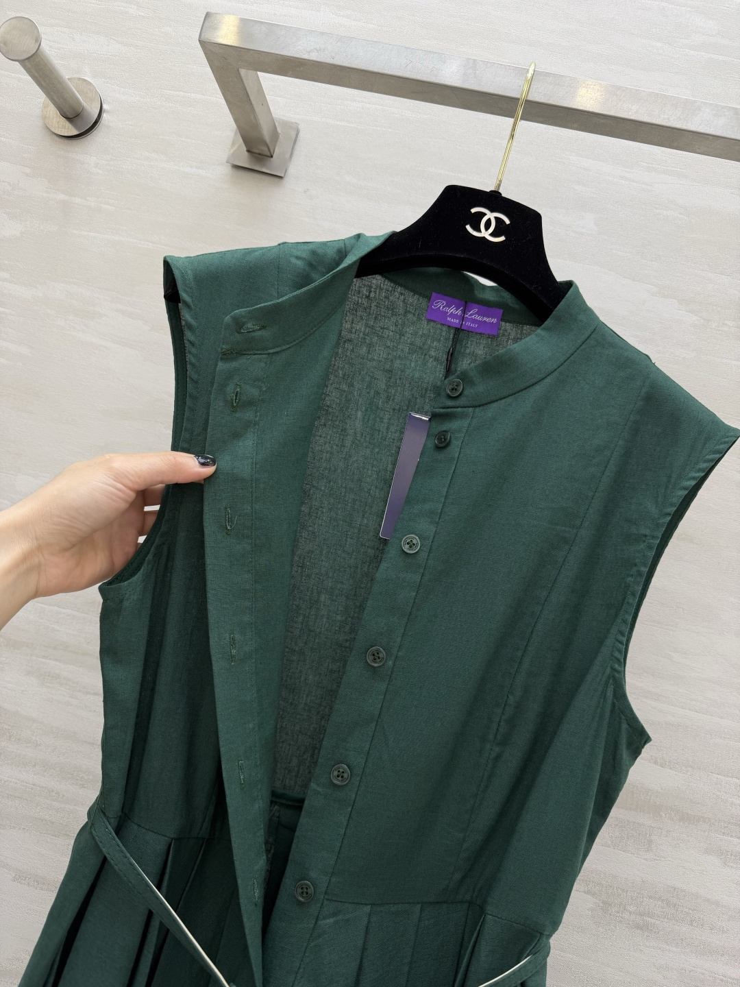 Ralph Lauren高端线｜紫标系列💜立领亚麻无袖长裙 奶黄｜墨绿两色 细腰带收腰 百褶大摆 亚麻质
