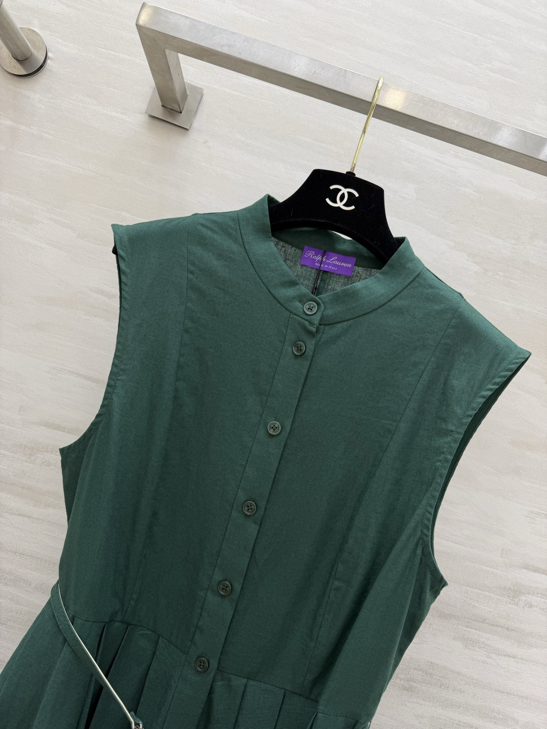 Ralph Lauren高端线｜紫标系列💜立领亚麻无袖长裙 奶黄｜墨绿两色 细腰带收腰 百褶大摆 亚麻质