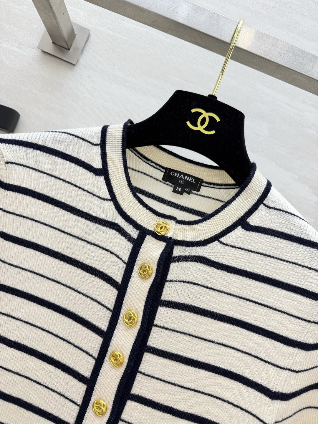 Chane♡²⁶B 条纹针织短袖上衣 70%山羊绒➕30%桑蚕丝混纺 高品质定制 现货首发size：36/38/40（）