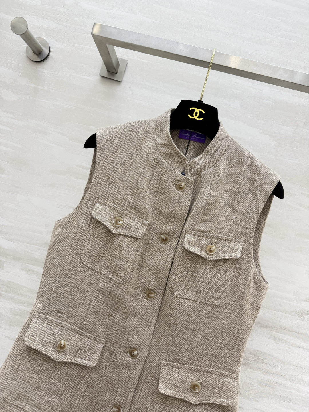 Ralph Lauren²⁶紫标系列 老钱风亚麻猎装马甲 天然亚麻斜纹肌理✨小立领 多口袋工装设计 琥珀质感纽扣 细节考