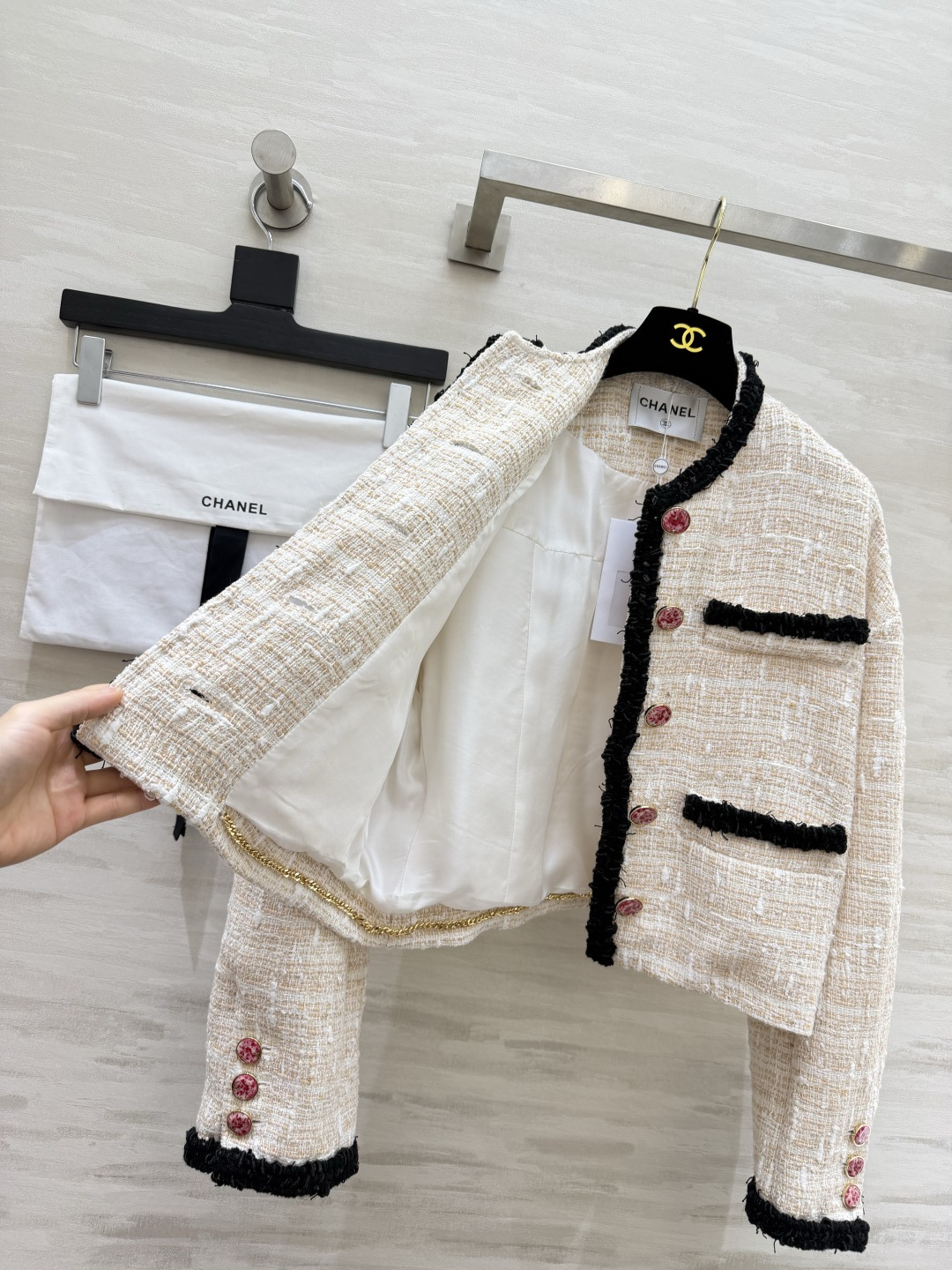 Chane♡²⁶拼色饰边粗花呢外套 100%桑蚕丝里布  金高银/权志龙 高品质定制 现货首发size：36/38/40