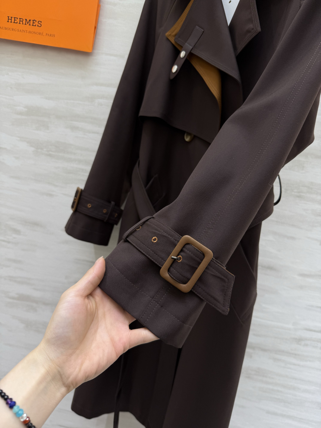 #Herme♡爆款撞色翻领长款风衣 高品质定制 现货首发size：S/M/L/XL（M码胸围：98，衣长：109）