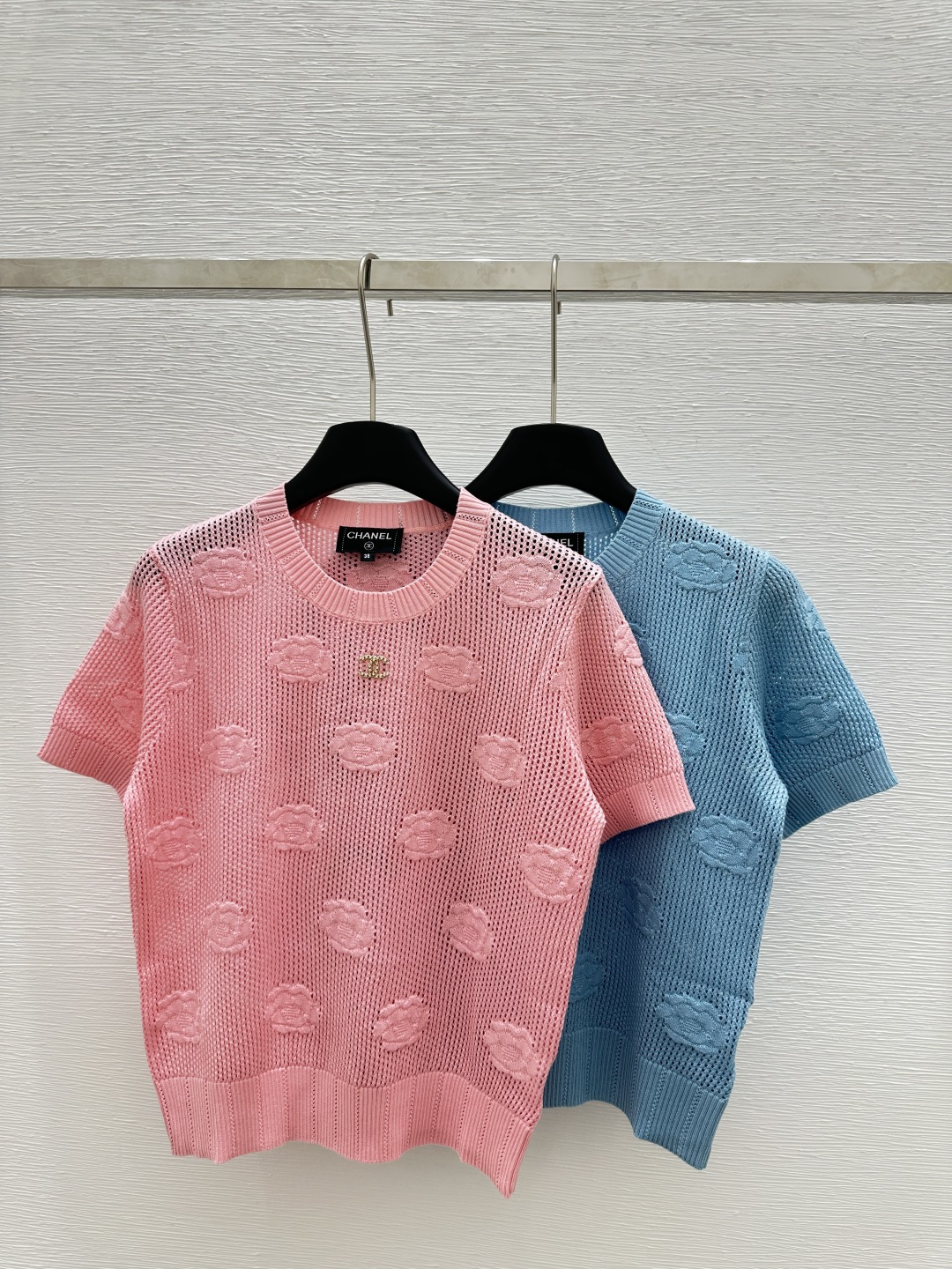 NO:310684,CH Home Early New Style Round Neck Hollow Camellia Knitted Short Sleeve Color Pink Size 36.38.40, T-shirt,alexander wang19860909CH家  早新款 圆领镂空山茶花针织短袖 颜色粉色 尺码36.38.40,,T-shirt,alexander wang,Women's clothing