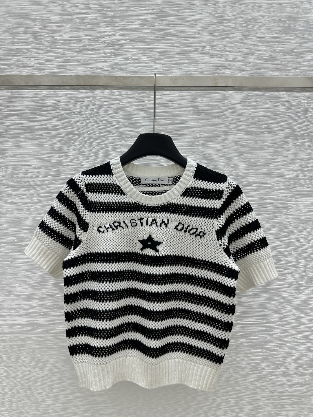 NO:310686,D Home Early Spring New Style Round Neck Hollow Striped Letters Star Knitted Short Sleeve Color White Size 36.38.40, Dior, T-shirt, alexander wang19860909D家  早春新款 圆领镂空条纹字母星星针织短袖 颜色白色 尺码36.38.40,,dior,T-shirt,alexander wang,Women's clothing