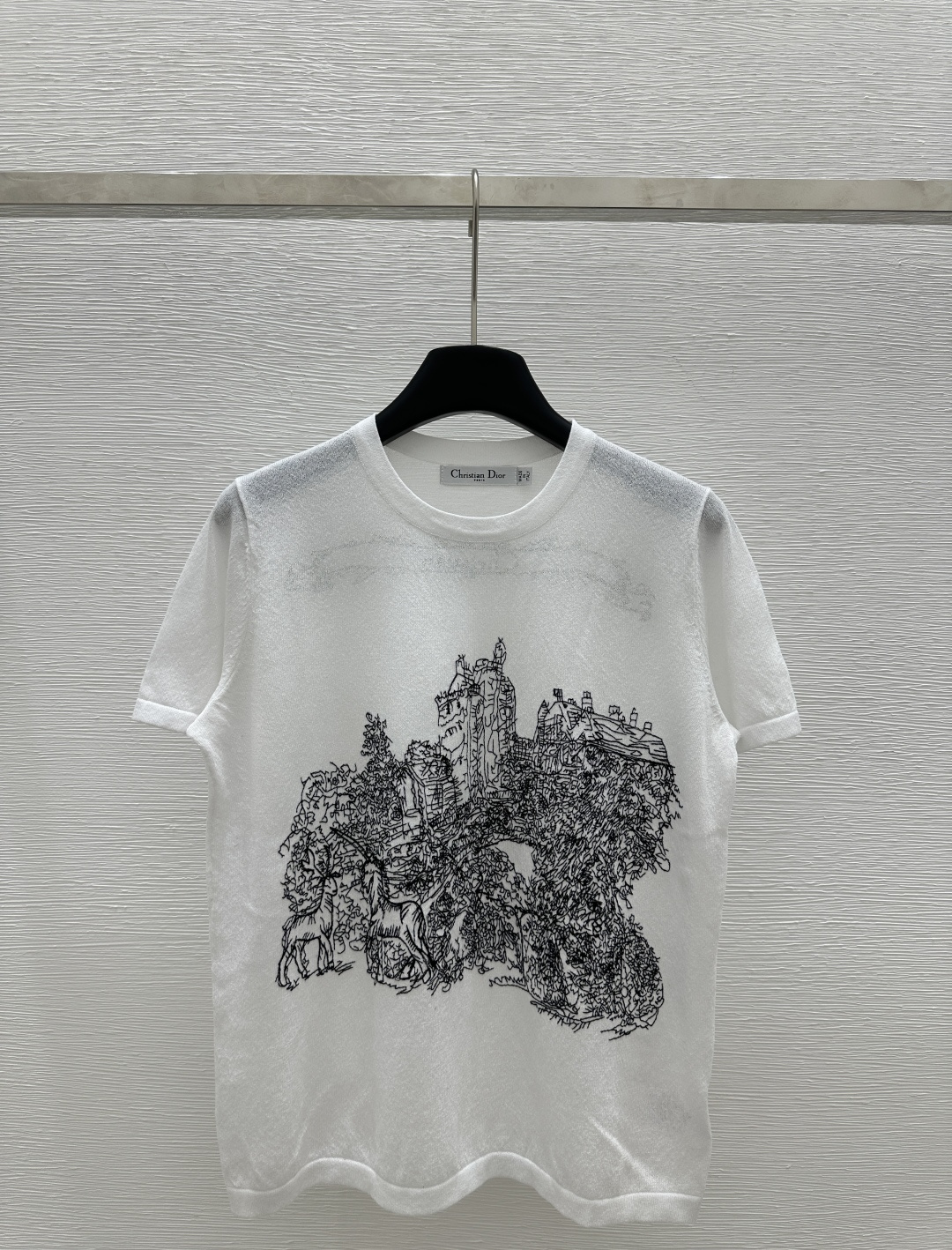 NO:310666,D Home Early Spring New Style Round Neck Castle Embroidered Knitted Short Sleeve Color White Size 36.38.40, Dior, T-shirt, alexander wang19860909D家  早春新款 圆领城堡刺绣针织短袖 颜色白色 尺码36.38.40,,dior,T-shirt,alexander wang,Women's clothing