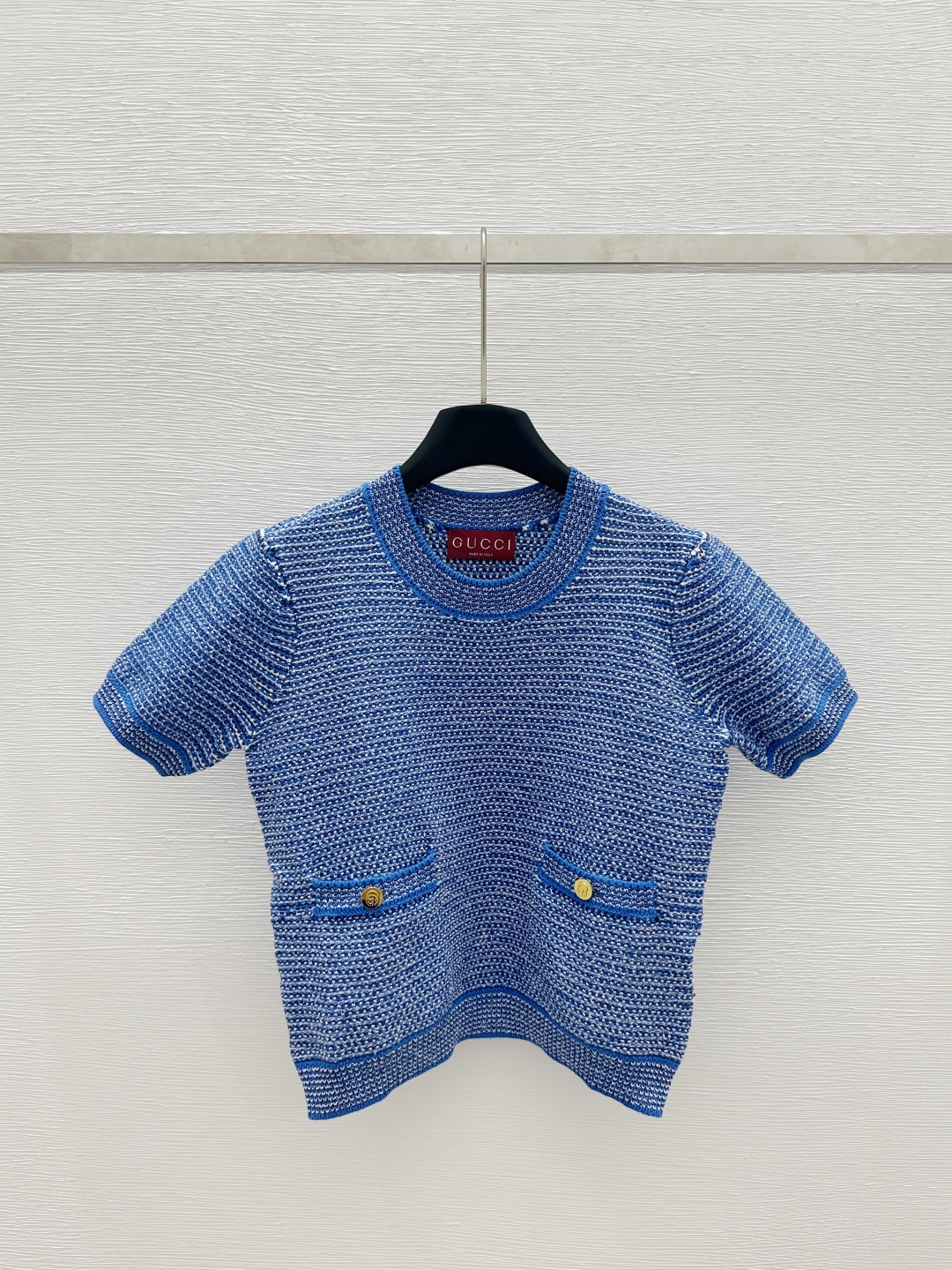 NO:321593,G Home Early Spring New Round Neck Contrast Knitted Short Sleeve Color Blue Size 36.38.40, gucci, T-shirt, alexander wang19860909G家  早春新款圆领撞色针织短袖 颜色蓝色 尺码36.38.40,,gucci,T-shirt,alexander wang,Women's clothing