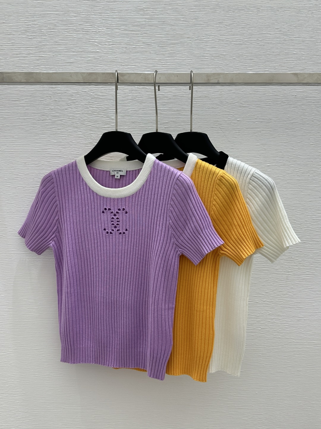 NO:324377,CH Home Early Spring New Style Round Neck Hollow Knitted Short Sleeve on the Chest Color Purple Yellow White Size 36.38.40, T-shirt,alexander wang19860909CH家  早春新款 圆领胸前镂空针织短袖 颜色紫色 黄色 白色 尺码36.38.40,,T-shirt,alexander wang,Women's clothing