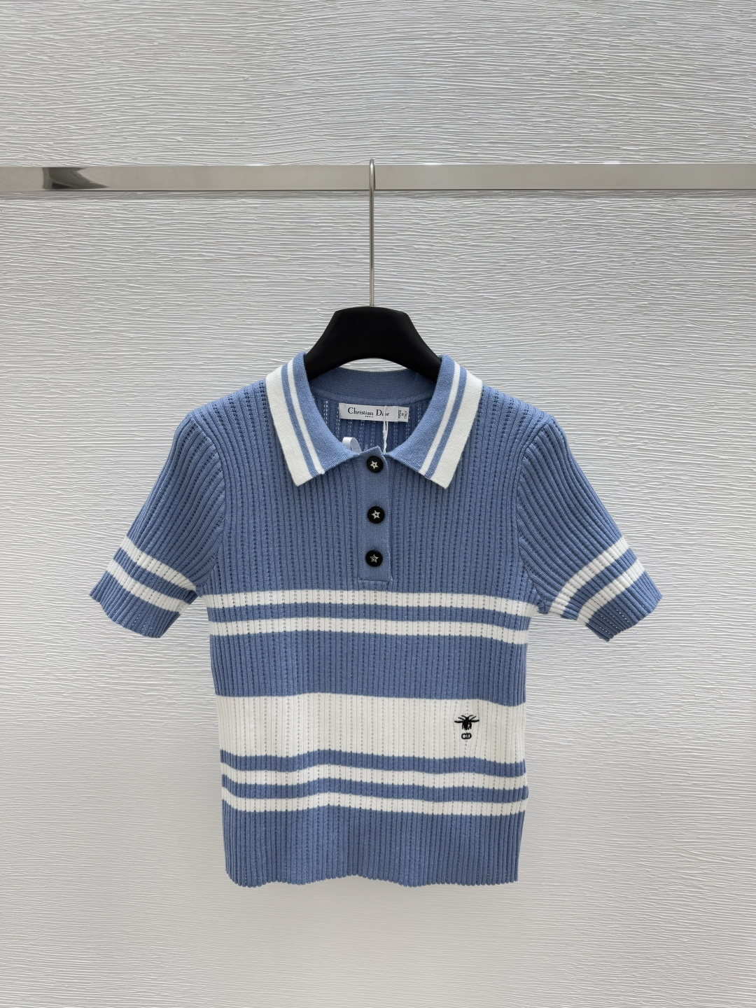 NO:329175,D Home Early Spring New Lapel Contrast Stripe Knitted Short Sleeve Color Blue Size 36.38.40, Dior, T-shirt, alexander wang19860909D家  早春新款 翻领撞色条纹针织短袖 颜色蓝色 尺码36.38.40,,dior,T-shirt,alexander wang,Women's clothing