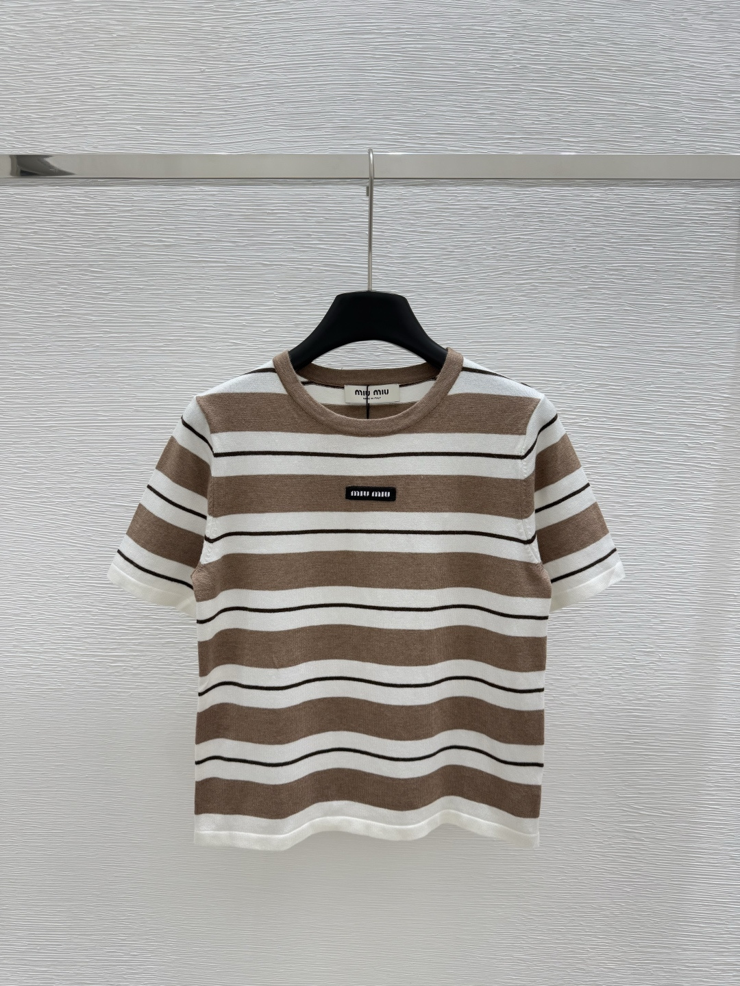 NO:329197,M Home Early Spring New Style Round Neck Contrast Stripe Knitted Short Sleeve Color Coffee Size 36.38.40, T-shirt,alexander wang19860909M家  早春新款 圆领撞色条纹针织短袖 颜色咖啡色 尺码36.38.40,,T-shirt,alexander wang,Women's clothing