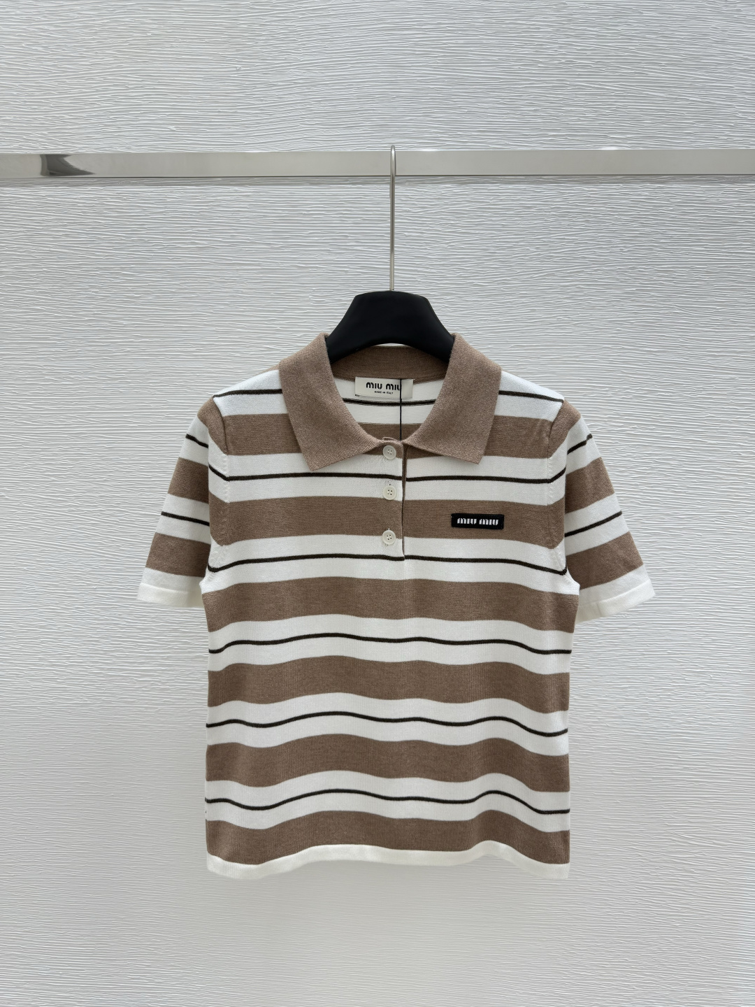 NO:329195,M Home Early Spring New Lapel Contrast Stripe Knitted Short Sleeve Color Coffee Size 36.38.40, T-shirt,alexander wang19860909M家  早春新款 翻领撞色条纹针织短袖 颜色咖啡色 尺码36.38.40,,T-shirt,alexander wang,Women's clothing