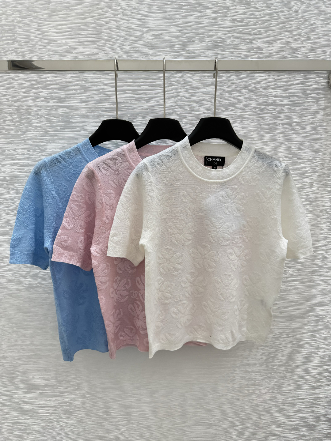 NO:334634,CH Home Early Spring New Style Round Neck Print Knitted Short Sleeve Color White Pink Blue Size 36.38.40, T-shirt,alexander wang19860909CH家  早春新款 圆领印花针织短袖 颜色白色 粉色 蓝色 尺码36.38.40,,T-shirt,alexander wang,Women's clothing