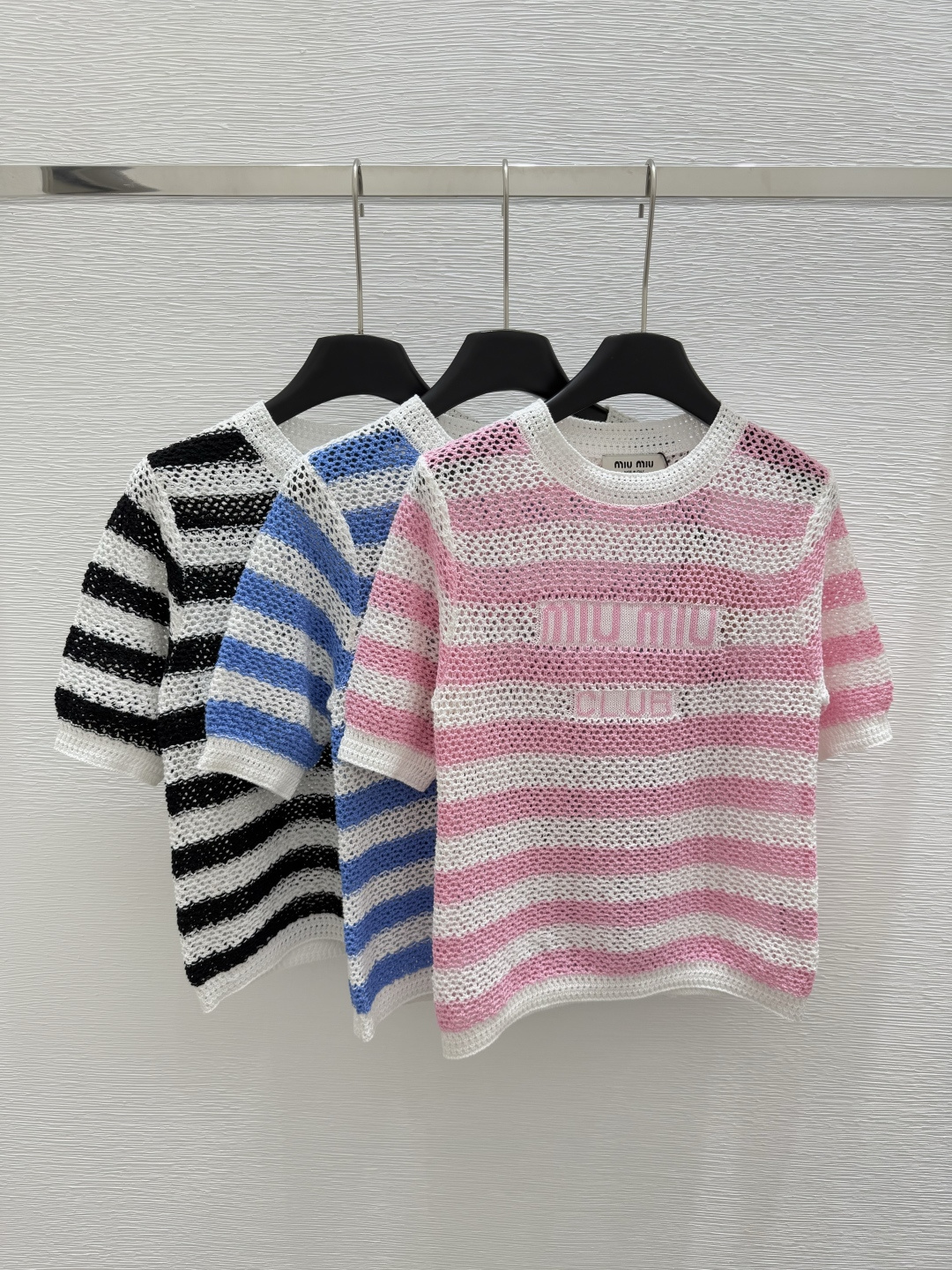 NO:334654,M Home Early Spring New Style Round Collar Striped Knitted Short Sleeve Color Pink Blue Black Size 36.38.40, T-shirt,alexander wang19860909M家  早春新款 圆领条纹针织短袖 颜色粉色 蓝色 黑色 尺码36.38.40,,T-shirt,alexander wang,Women's clothing