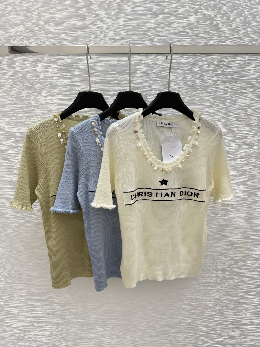 NO:334657,D Home Early Spring New Style Round Neck Shell Knitted Short Sleeve Color White Blue Green Size 36.38.40, Dior, T-shirt, alexander wang19860909D家  早春新款 圆领贝壳针织短袖 颜色白色 蓝色 绿色 尺码36.38.40,,dior,T-shirt,alexander wang,Women's clothing