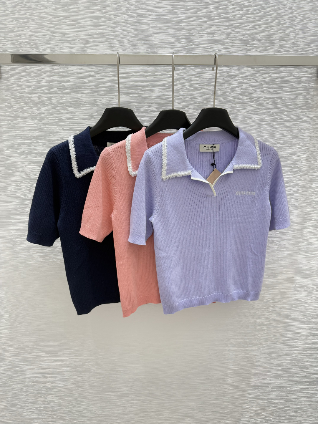 NO:334845,M Home Early Spring New Lapel Beaded Knitted Short Sleeve Color Purple Pink Royal Blue Size 36.38.40, T-shirt,alexander wang19860909M家  早春新款 翻领穿珠针织短袖 颜色紫色 粉色 宝蓝色 尺码36.38.40,,T-shirt,alexander wang,Women's clothing