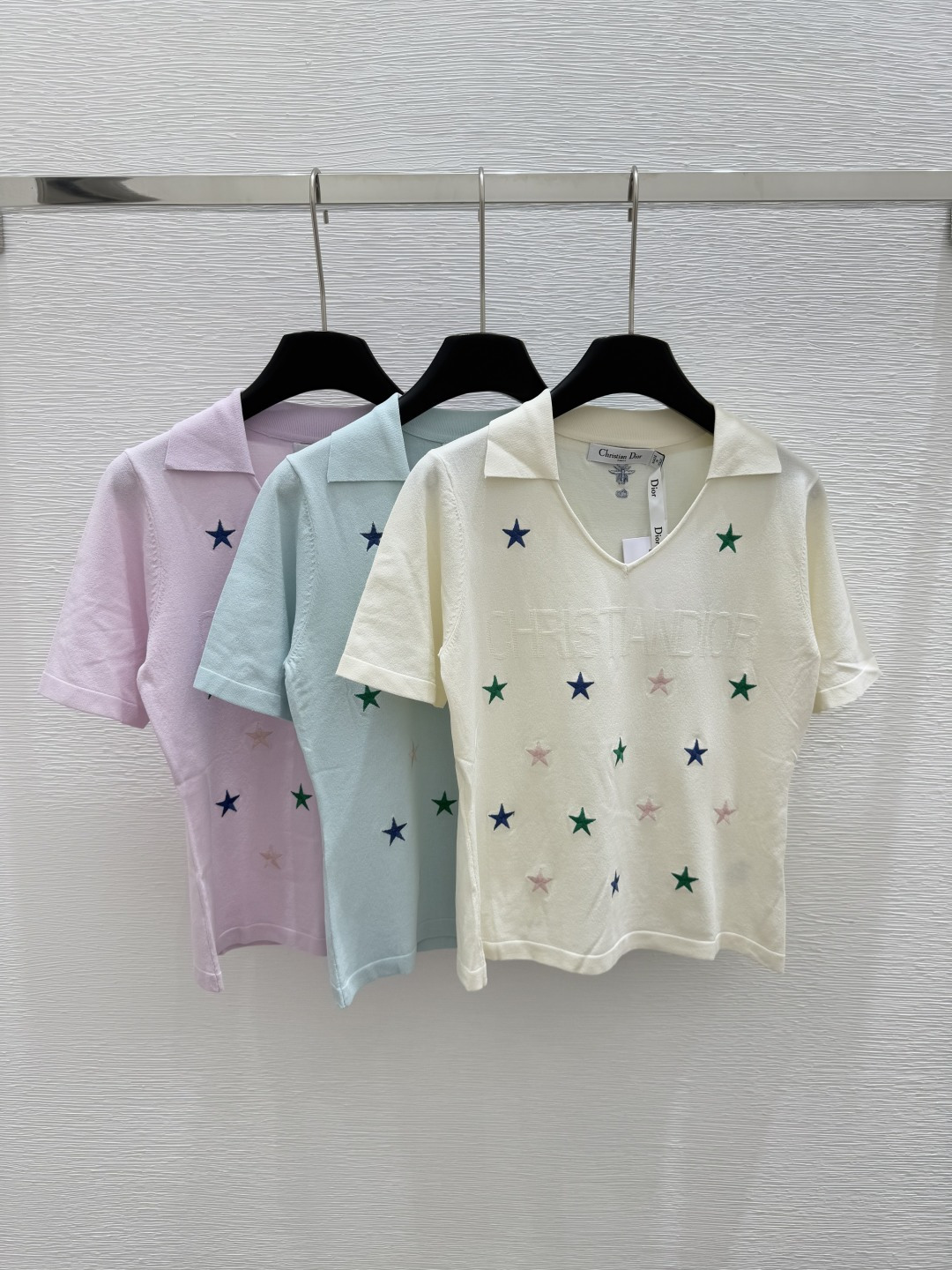 NO:419405,D Home Early Spring New Lapel Pentagram Knitted Short Sleeve Color White Dark Green Purple Size 36.38.40, Dior, T-shirt, alexander wang19860909D家  早春新款 翻领五角星针织短袖 颜色白色 墨绿色 紫色 尺码36.38.40,,dior,T-shirt,alexander wang,Women's clothing