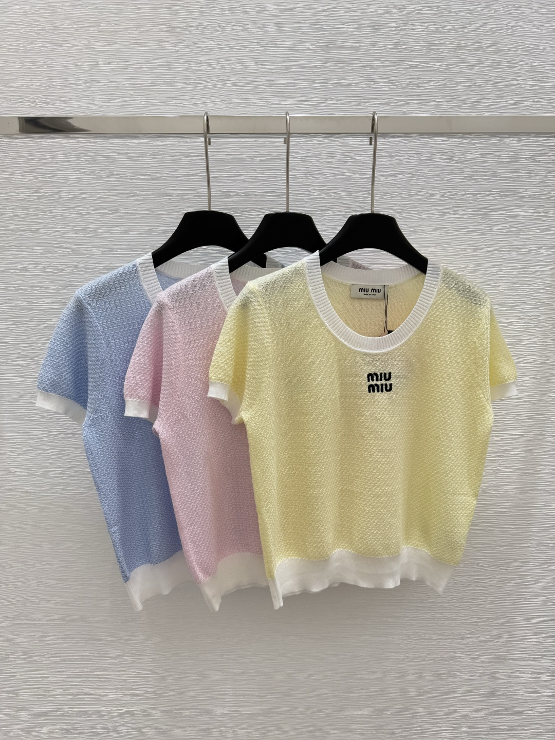 NO:334658,M Home Early Spring New Style Round Neck Knitted Short Sleeve Color Yellow Pink Blue Size 36.38.40, T-shirt,alexander wang19860909M家  早春新款 圆领针织短袖 颜色黄色 粉色 蓝色 尺码36.38.40,,T-shirt,alexander wang,Women's clothing