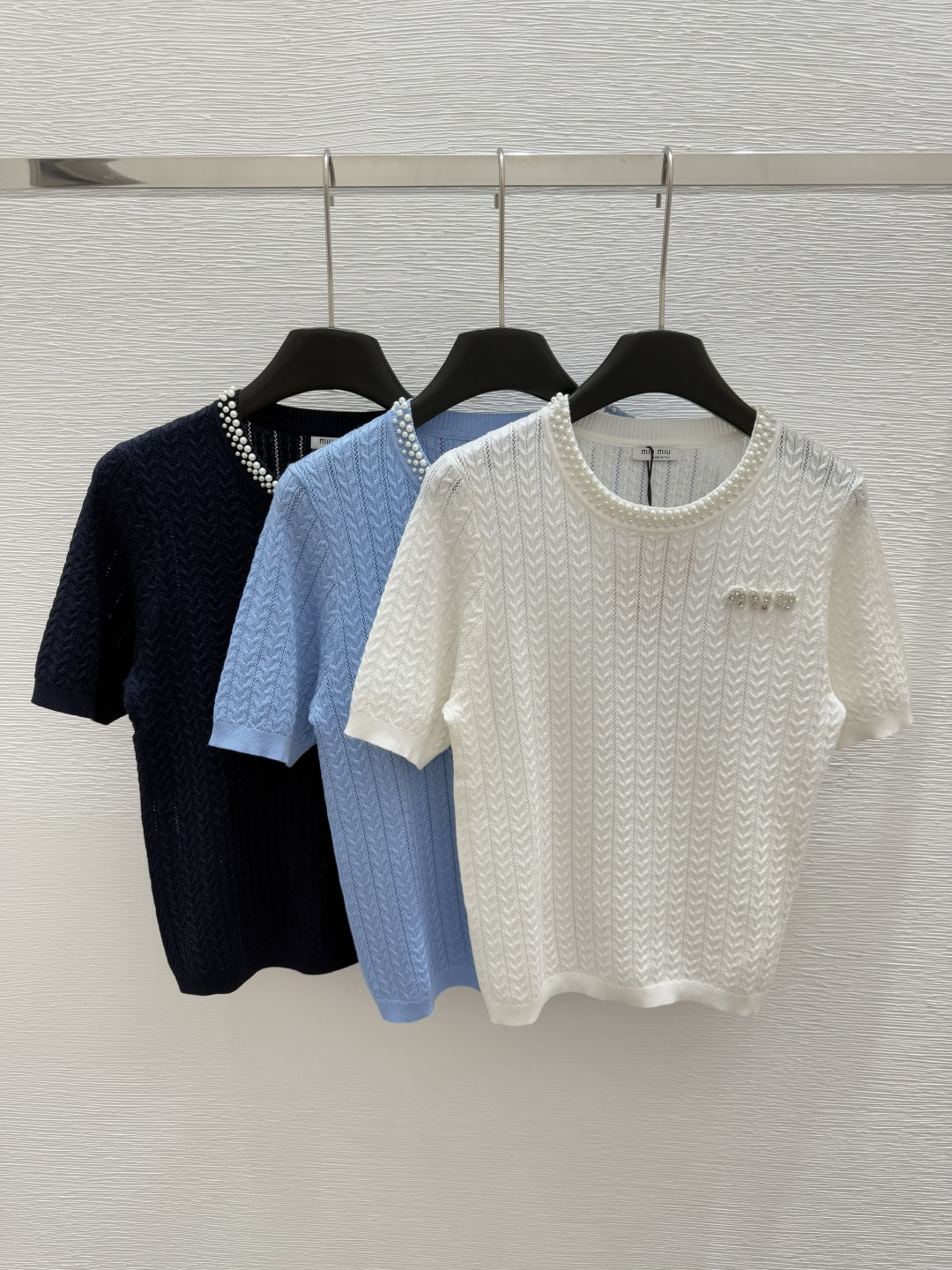 NO:334846,M Home Early Spring New Style Round Neck Beaded Knitted Short Sleeve Color White Blue Royal Blue Size 36.38.40, T-shirt,alexander wang19860909M家  早春新款 圆领钉珠针织短袖 颜色白色 蓝色 宝蓝色 尺码36.38.40,,T-shirt,alexander wang,Women's clothing
