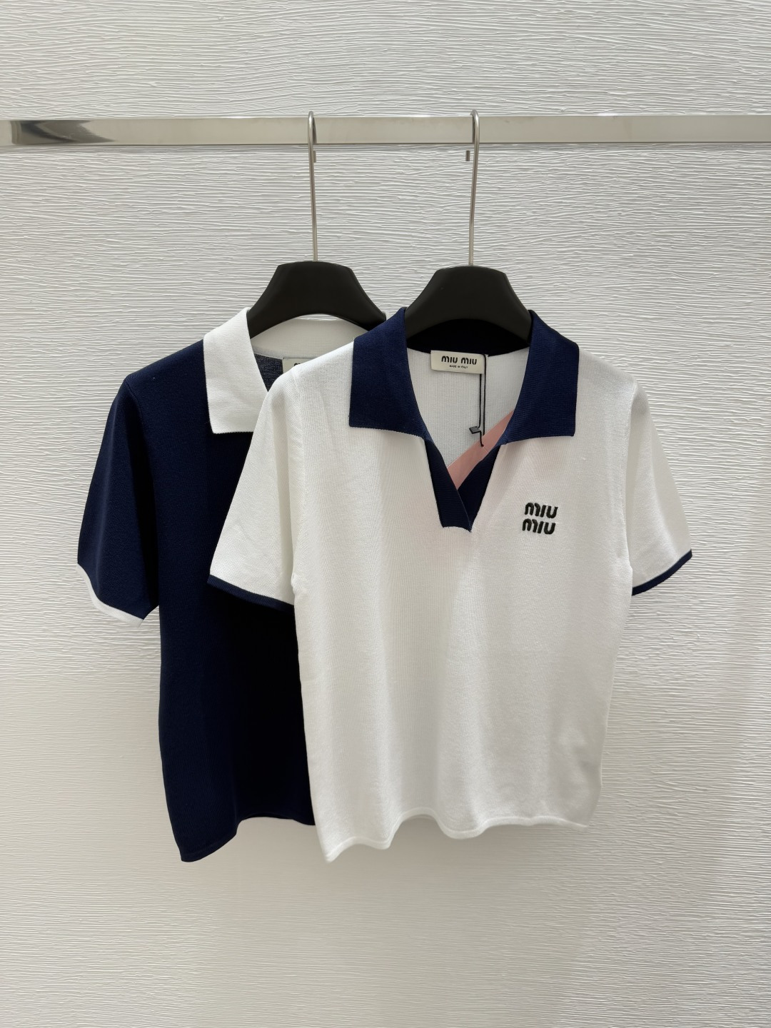 NO:410677,M Home Early Spring New Lapel Knitted Short Sleeve Color White Royal Blue Size 36.38.40, T-shirt,alexander wang19860909M家  早春新款 翻领针织短袖 颜色白色 宝蓝色 尺码36.38.40,,T-shirt,alexander wang,Women's clothing