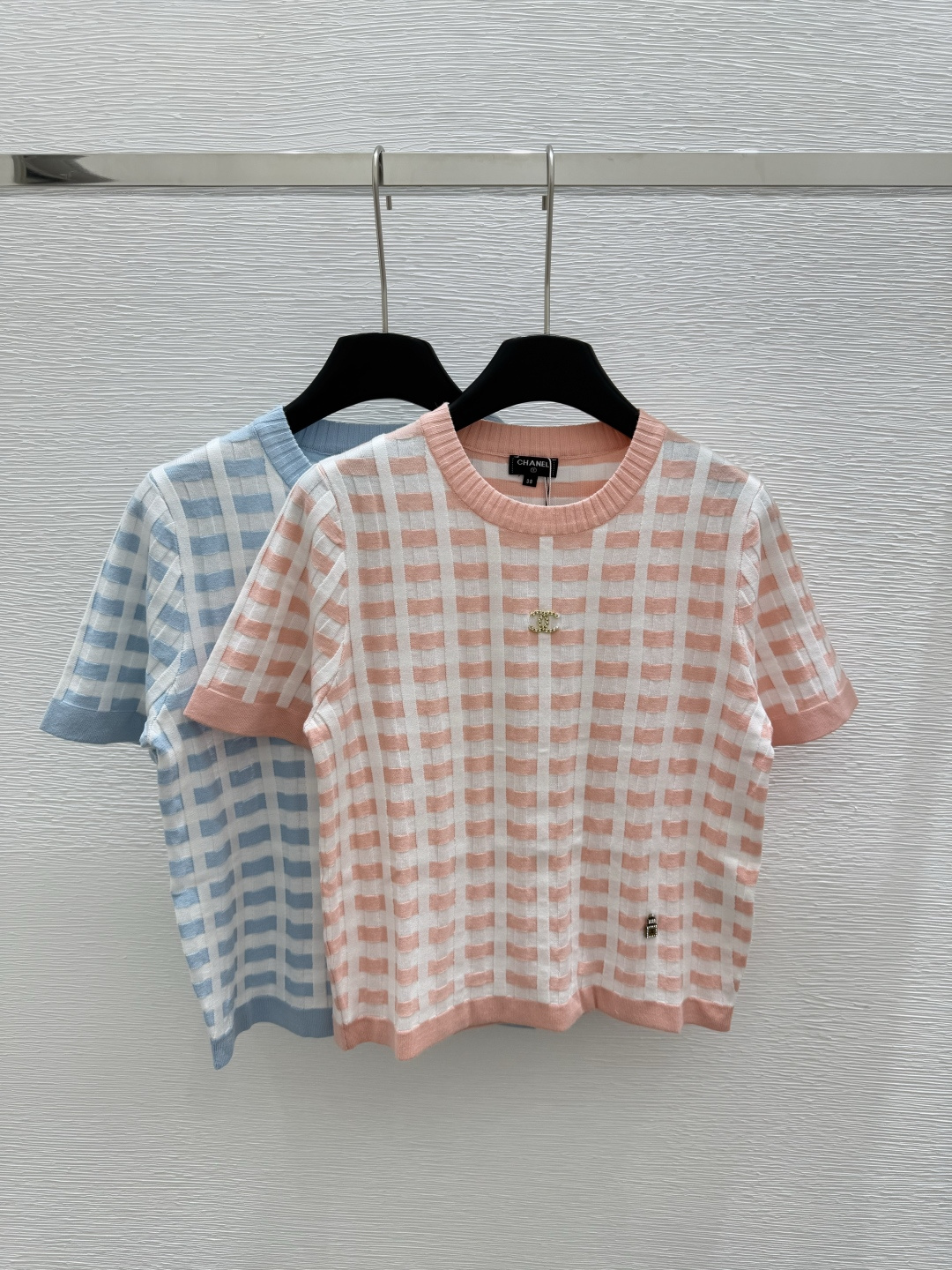 NO:410700,CH Home Early Spring New Style Round Neck Clothed Square Knitted Short Sleeve Color Pink Blue Size 36.38.40, T-shirt,alexander wang19860909CH家  早春新款 圆领开方格针织短袖 颜色粉色 蓝色 尺码36.38.40,,T-shirt,alexander wang,Women's clothing