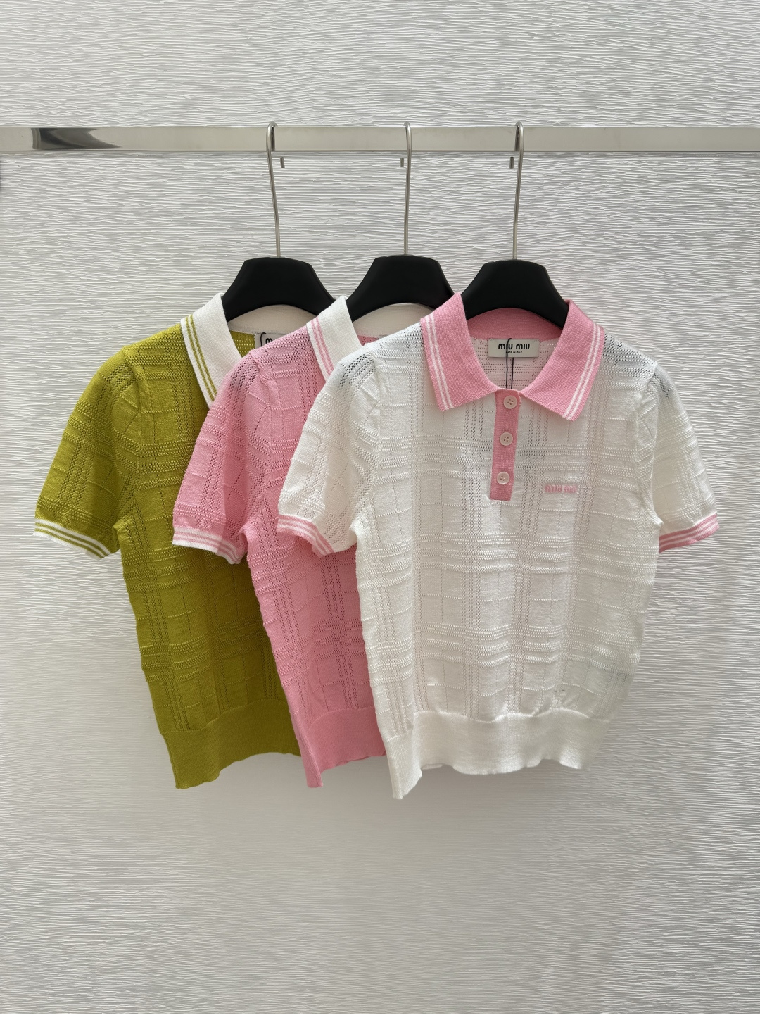 NO:410727,M Home Early Spring New Lapel Knitted Short Sleeve Color Pink White Green Size 36.38.40, T-shirt,alexander wang19860909M家  早春新款 翻领针织短袖 颜色粉色 白色 绿色 尺码36.38.40,,T-shirt,alexander wang,Women's clothing