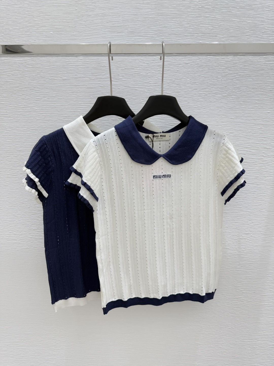 NO:417709,M Home Early Spring New Lapel Lace Sleeve Knitted Short Sleeve Color White Royal Blue Size 36.38.40, T-shirt,alexander wang19860909M家  早春新款 翻领花边袖针织短袖 颜色白色 宝蓝色 尺码36.38.40,,T-shirt,alexander wang,Women's clothing
