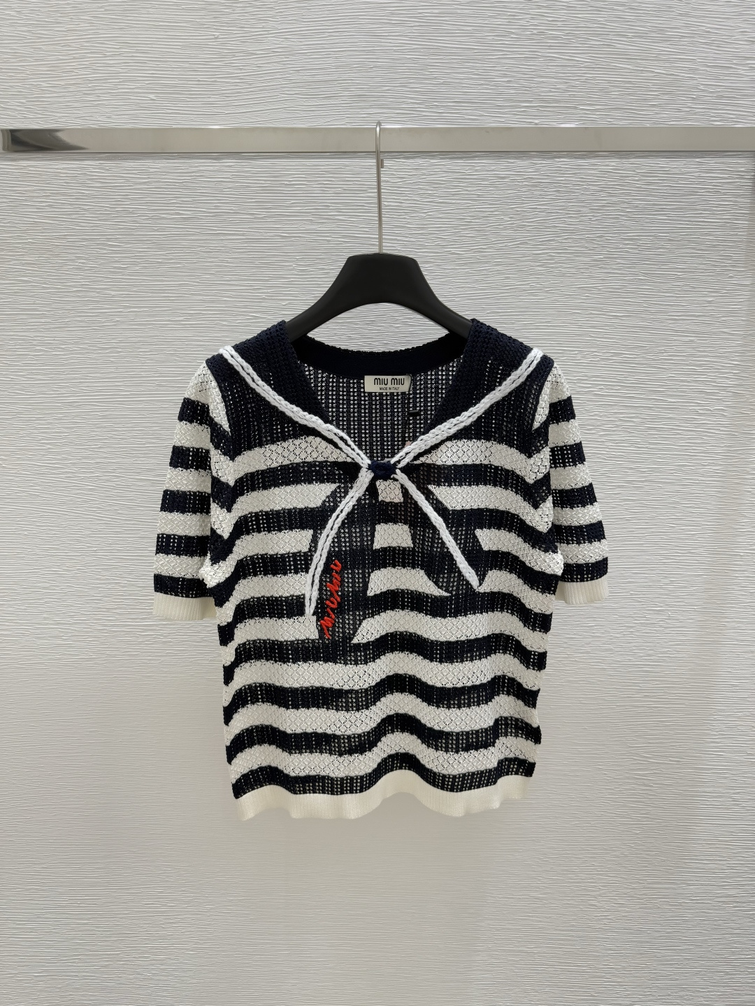 NO:417686,M Home Early Spring New Style Bow Striped Knitted Short Sleeve Color Royal Blue Size 36.38.40, T-shirt,alexander wang19860909M家  早春新款 蝴蝶结条纹针织短袖 颜色宝蓝色 尺码36.38.40,,T-shirt,alexander wang,Women's clothing