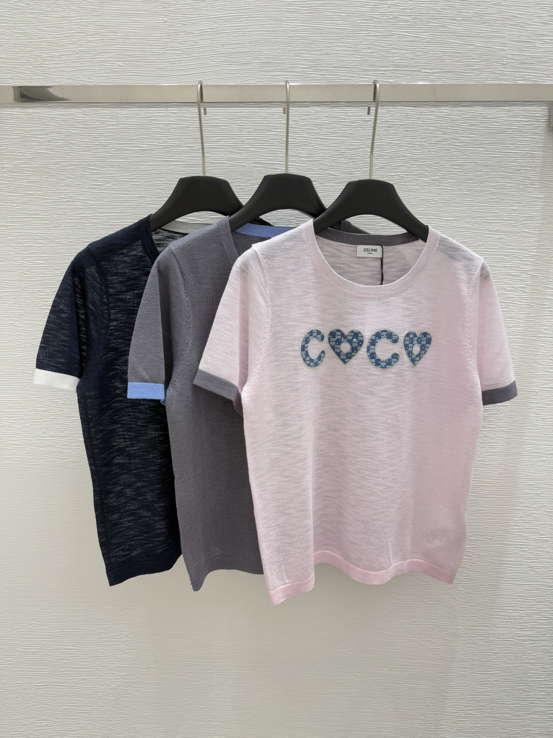 NO:419397,CE Home Early Spring New Style Round Neck Nail Diamond Knitted Short Sleeve Color Pink Gray Black Size 36.38.40, T-shirt,alexander wang19860909CE家  早春新款 圆领钉钻针织短袖 颜色粉色 灰色 黑色 尺码36.38.40,,T-shirt,alexander wang,Women's clothing