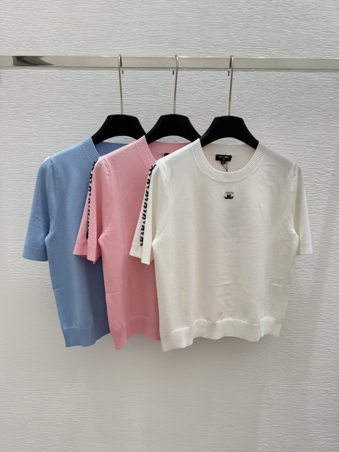 NO:417803,CH Home Early Spring New Style Round Neck Knitted Short Sleeve Color White Pink Blue Size 36.38.40, T-shirt,alexander wang19860909CH家  早春新款 圆领针织短袖 颜色白色 粉色 蓝色 尺码36.38.40,,T-shirt,alexander wang,Women's clothing