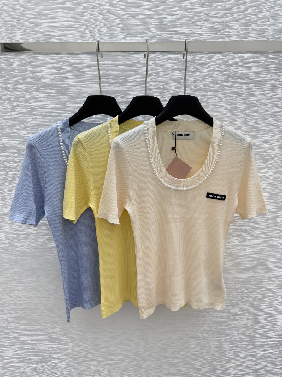 NO:419449,M Home Early Spring New Style Round Neck Beaded Knitted Short Sleeve Color White Yellow Blue Size 36.38.40, T-shirt,alexander wang19860909M家  早春新款 圆领钉珠针织短袖 颜色白色 黄色 蓝色 尺码36.38.40,,T-shirt,alexander wang,Women's clothing