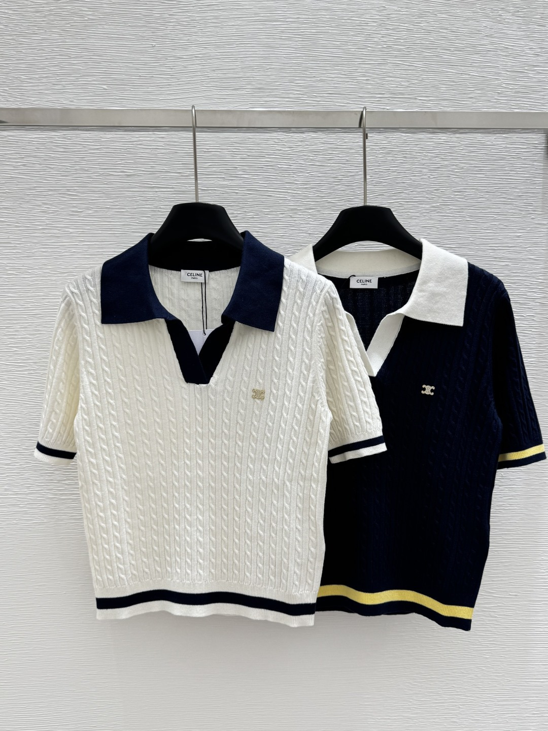 NO:410796,CE Home Summer New Style Contrast Lapel Knitted Short Sleeve Color White Royal Blue Size 36.38.40, T-shirt,alexander wang19860909CE家  夏季新款 撞色翻领针织短袖 颜色白色 宝蓝 尺码36.38.40,,T-shirt,alexander wang,Women's clothing