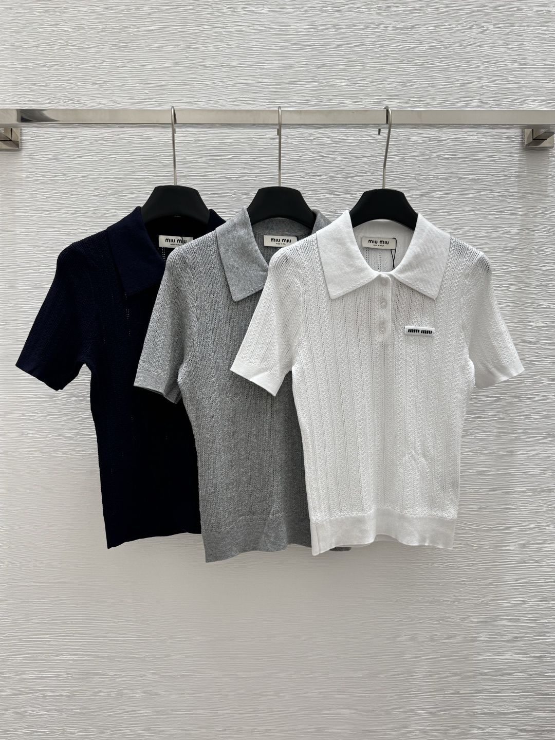NO:410703,M Home Summer New Style Solid Color Simple Hollow Lapel Knitted Short Sleeve Color White Black Gray Size 36.38.40, T-shirt,alexander wang19860909M家 夏季新款 纯色简约镂空翻领针织短袖 颜色白色 黑色 灰色 尺码36.38.40,,T-shirt,alexander wang,Women's clothing