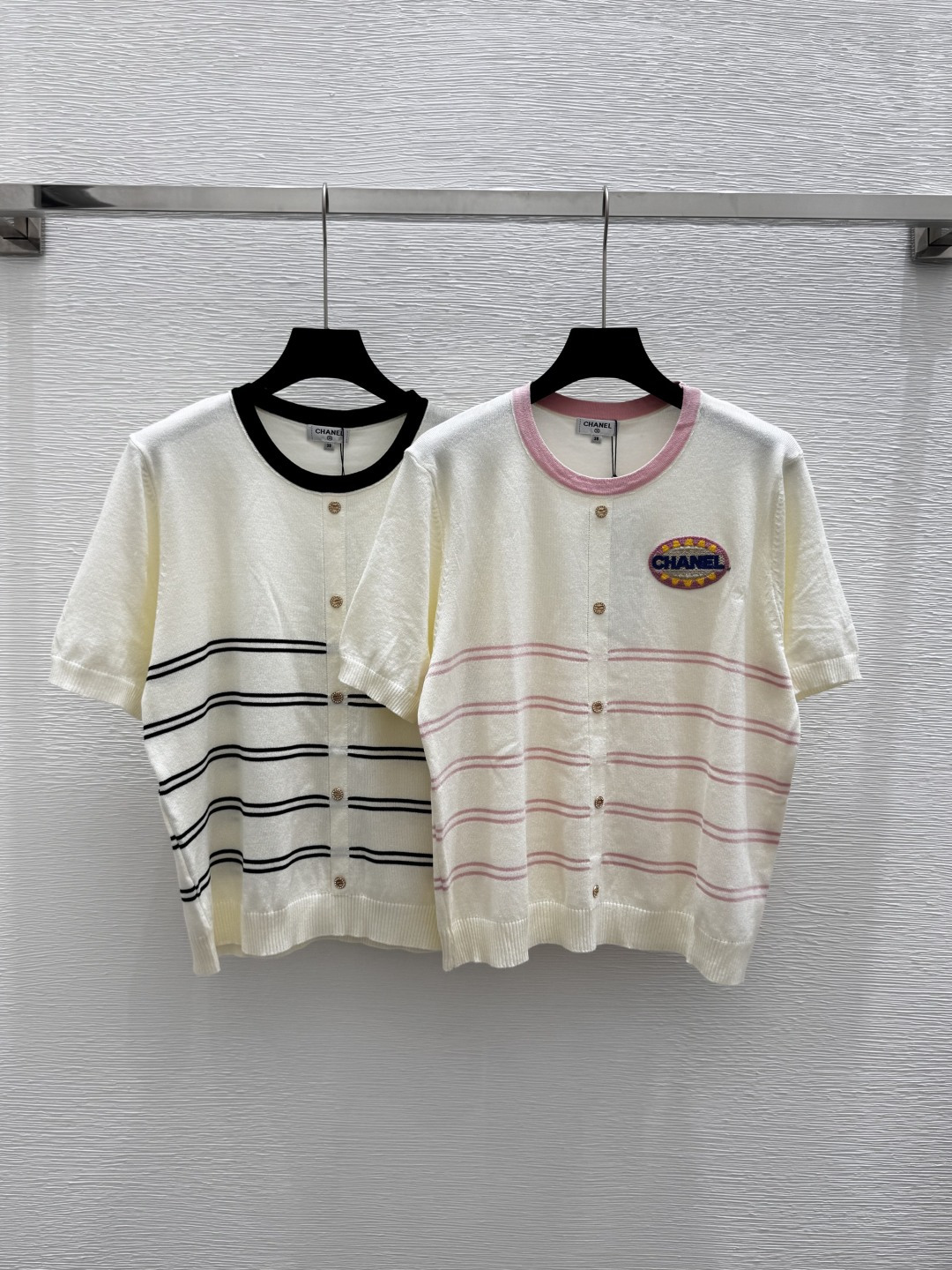 NO:410804,CH Home Summer New Style Contrast Striped Knitted Round Neck Short Sleeve Color Pink Black Size 36.38.40, T-shirt,alexander wang19860909CH家 夏季新款 撞色条纹针织圆领短袖 颜色粉色 黑色 尺码36.38.40,,T-shirt,alexander wang,Women's clothing