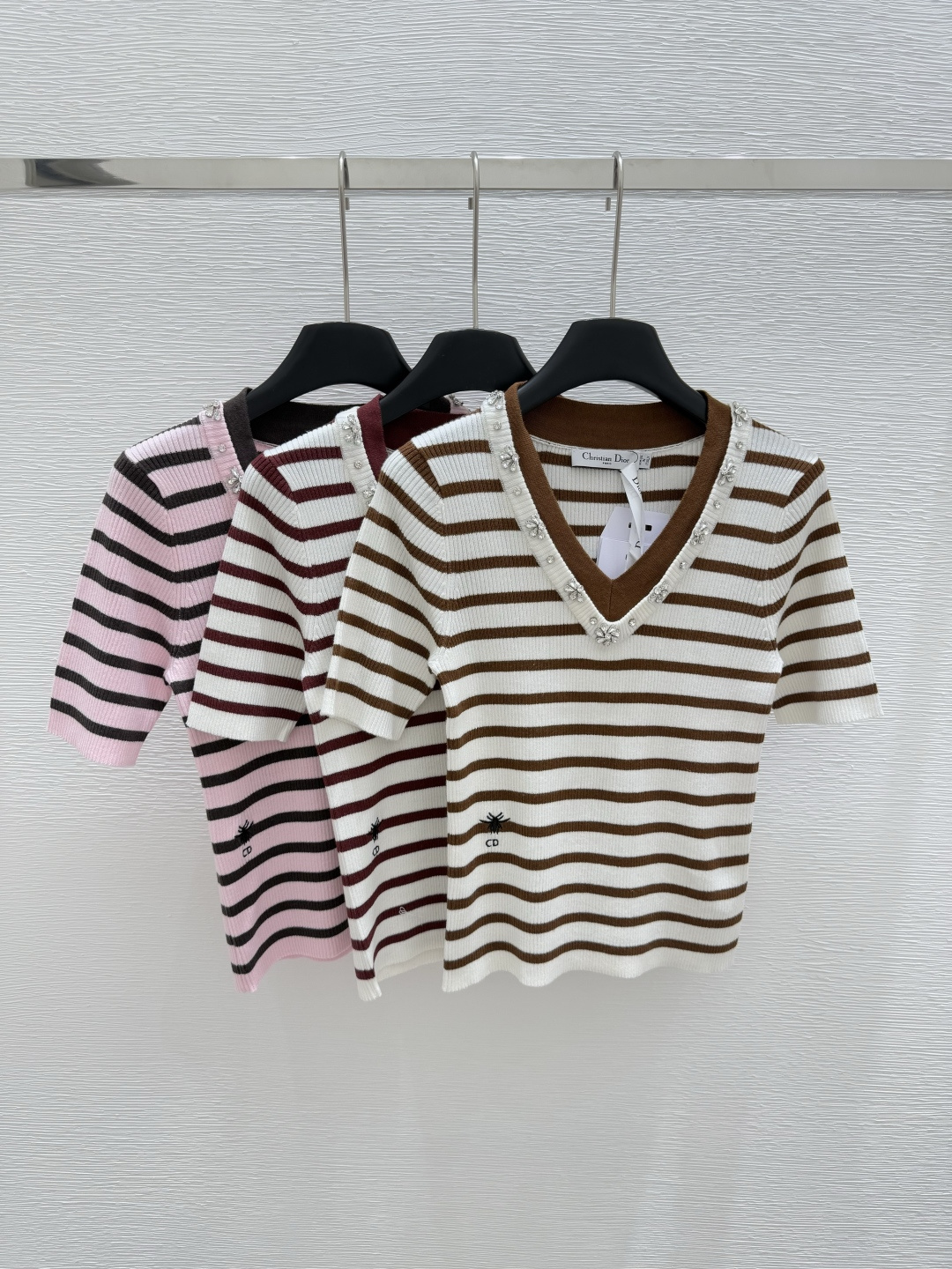 NO:425043,D Home New Summer Style Striped Bead Knitted Short Sleeve Color Coffee Burgundy Brewery Pink Size 36.38.40, Dior, T-shirt, alexander wang19860909D家 夏季新款 条纹钉珠针织短袖 颜色咖啡色 酒红色 粉色 尺码36.38.40,,dior,T-shirt,alexander wang,Women's clothing