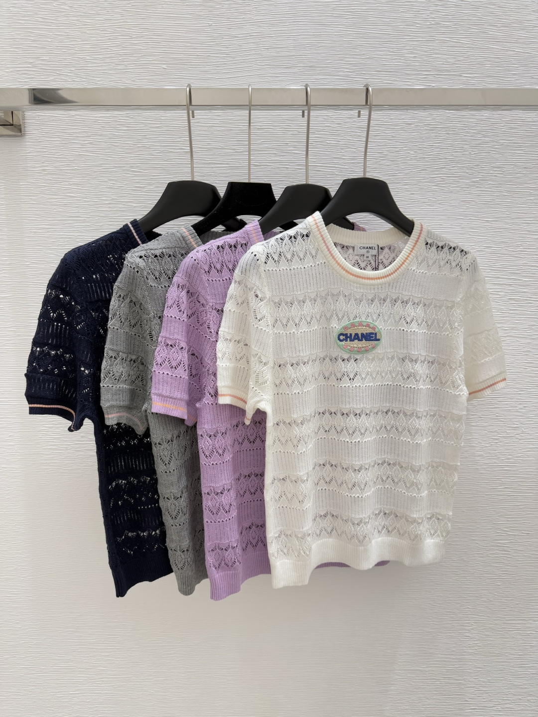 NO:425049,CH Home Summer New Style Round Neck Hollow Knitted Short Sleeve Color White Purple Gray Royal Blue Size 36.38.40, T-shirt,alexander wang19860909CH家 夏季新款 圆领镂空针织短袖 颜色白色 紫色 灰色 宝蓝色 尺码36.38.40,,T-shirt,alexander wang,Women's clothing