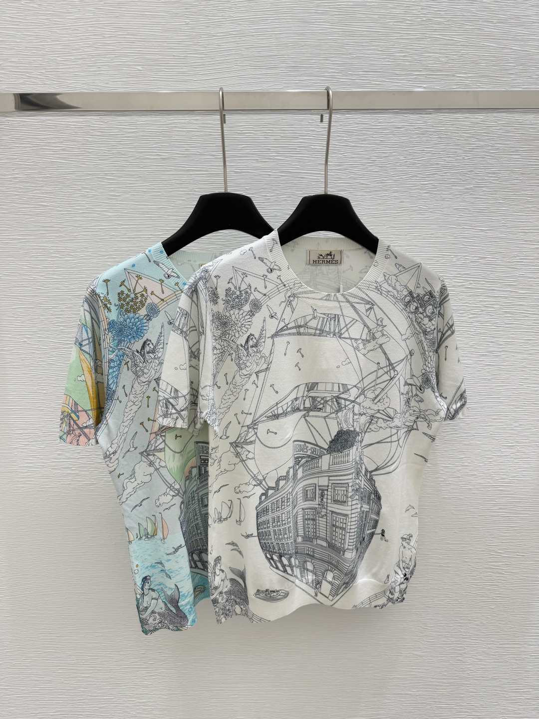 NO:419587,HE Home Early Spring New Style Round Neck Print Knitted Short Sleeve Color White Blue Size 36.38.40, T-shirt,alexander wang19860909HE家  早春新款 圆领印花针织短袖 颜色白色 蓝色 尺码36.38.40,,T-shirt,alexander wang,Women's clothing