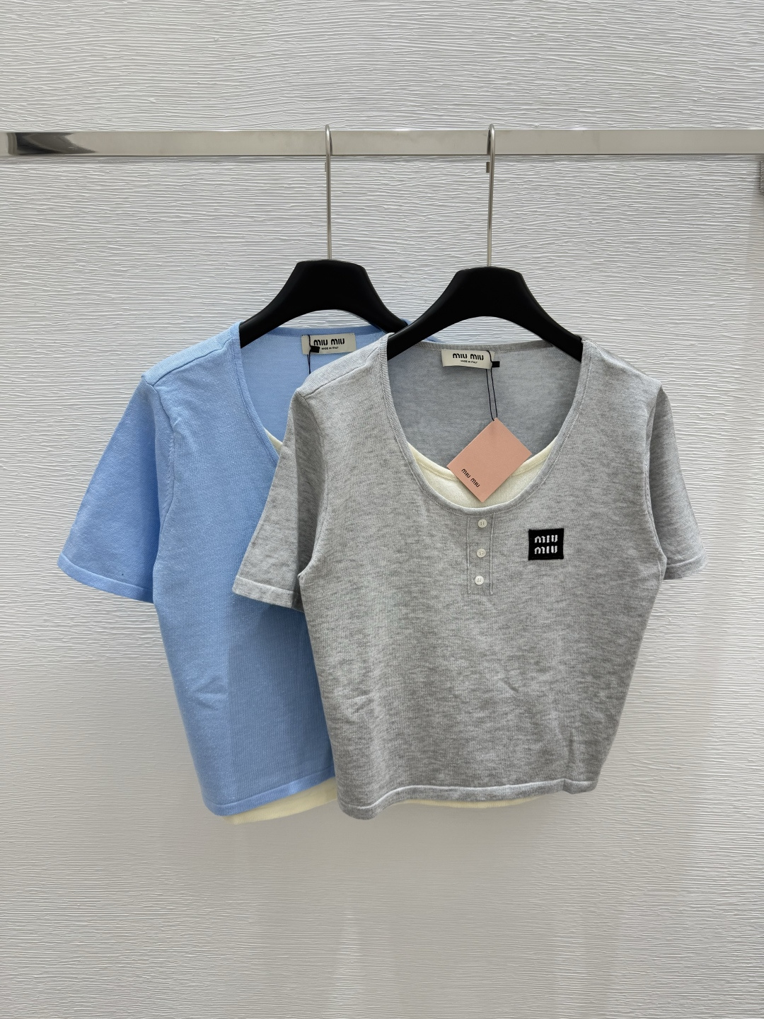 NO:419661,M Home Early Spring New Style Round Neck Fake Two-Piece Knitted Short Sleeve Color Gray Blue Size 36.38.40, T-shirt,alexander wang19860909M家  早春新款 圆领假两件针织短袖 颜色灰色 蓝色 尺码36.38.40,,T-shirt,alexander wang,Women's clothing