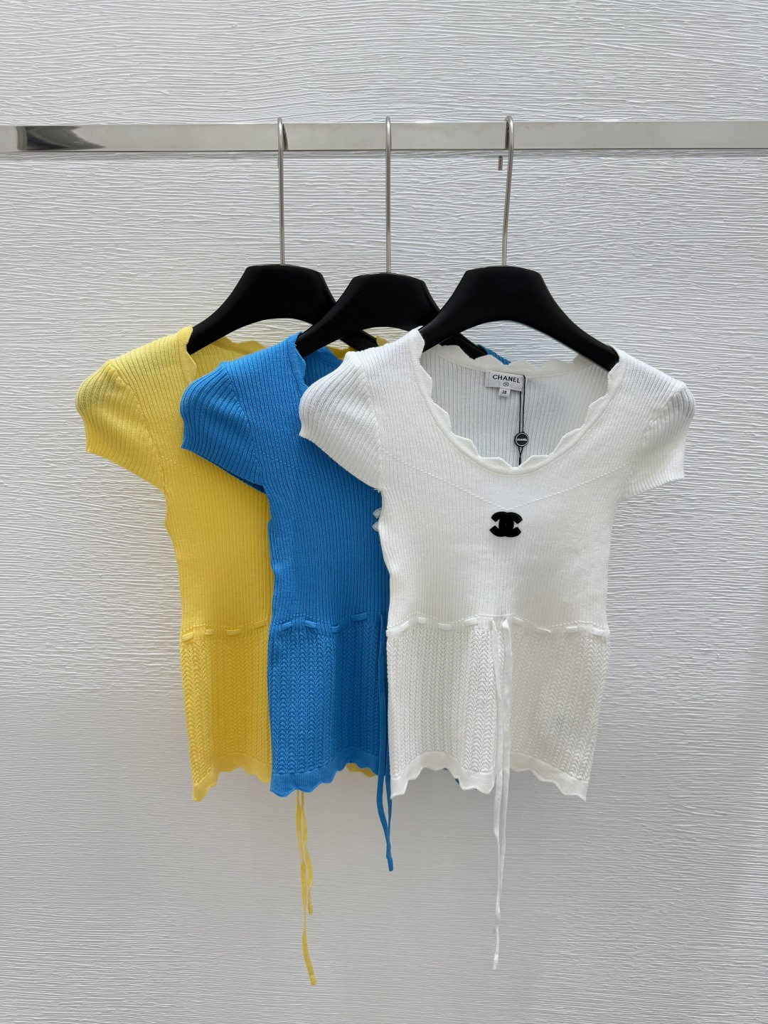 NO:421033,CH Home Early Spring New Style Round Neck Lace Knitted Short Sleeve Color White Blue Yellow Size 36.38.40, T-shirt,alexander wang19860909CH家  早春新款 圆领花边针织短袖 颜色白色 蓝色 黄色 尺码36.38.40,,T-shirt,alexander wang,Women's clothing