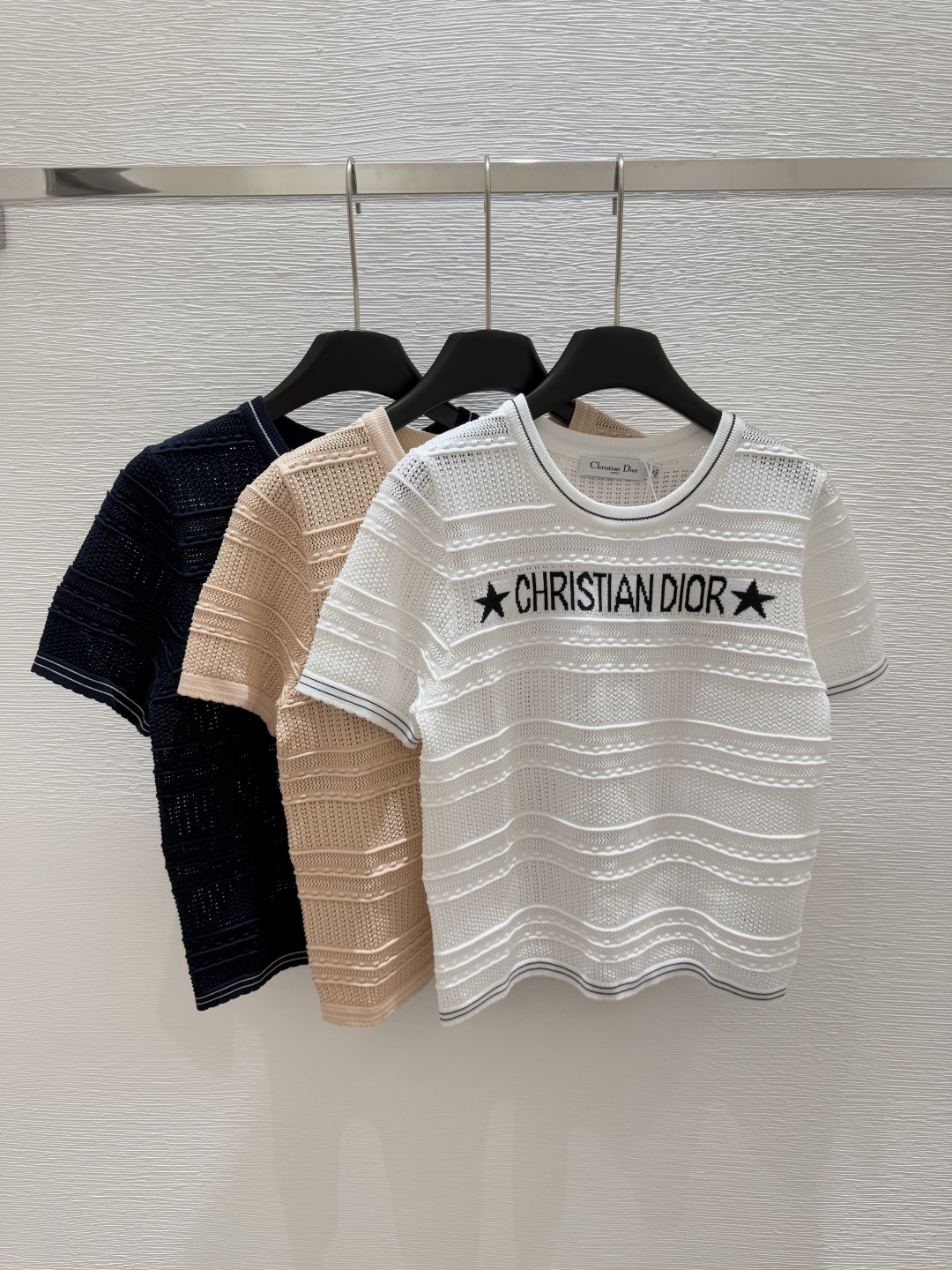 NO:425434,D Home New Summer Style Round Neck Knitted Alphabet Short Sleeve Color White Apricot Blue Size 36.38.40, Dior, T-shirt, alexander wang19860909D家 夏季新款 圆领针织字母短袖 颜色白色 杏色 宝蓝色 尺码36.38.40,,dior,T-shirt,alexander wang,Women's clothing