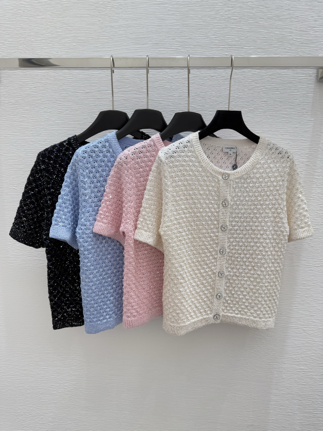 NO:422980,CH Home Summer New Style Round Neck Knitted Beaded Cardigan Short Sleeve Color White Black Blue Pink Size 36.38.40, T-shirt,alexander wang19860909CH家 夏季新款 圆领针织珠片开衫短袖 颜色白色 黑色 蓝色 粉色 尺码36.38.40,,T-shirt,alexander wang,Women's clothing