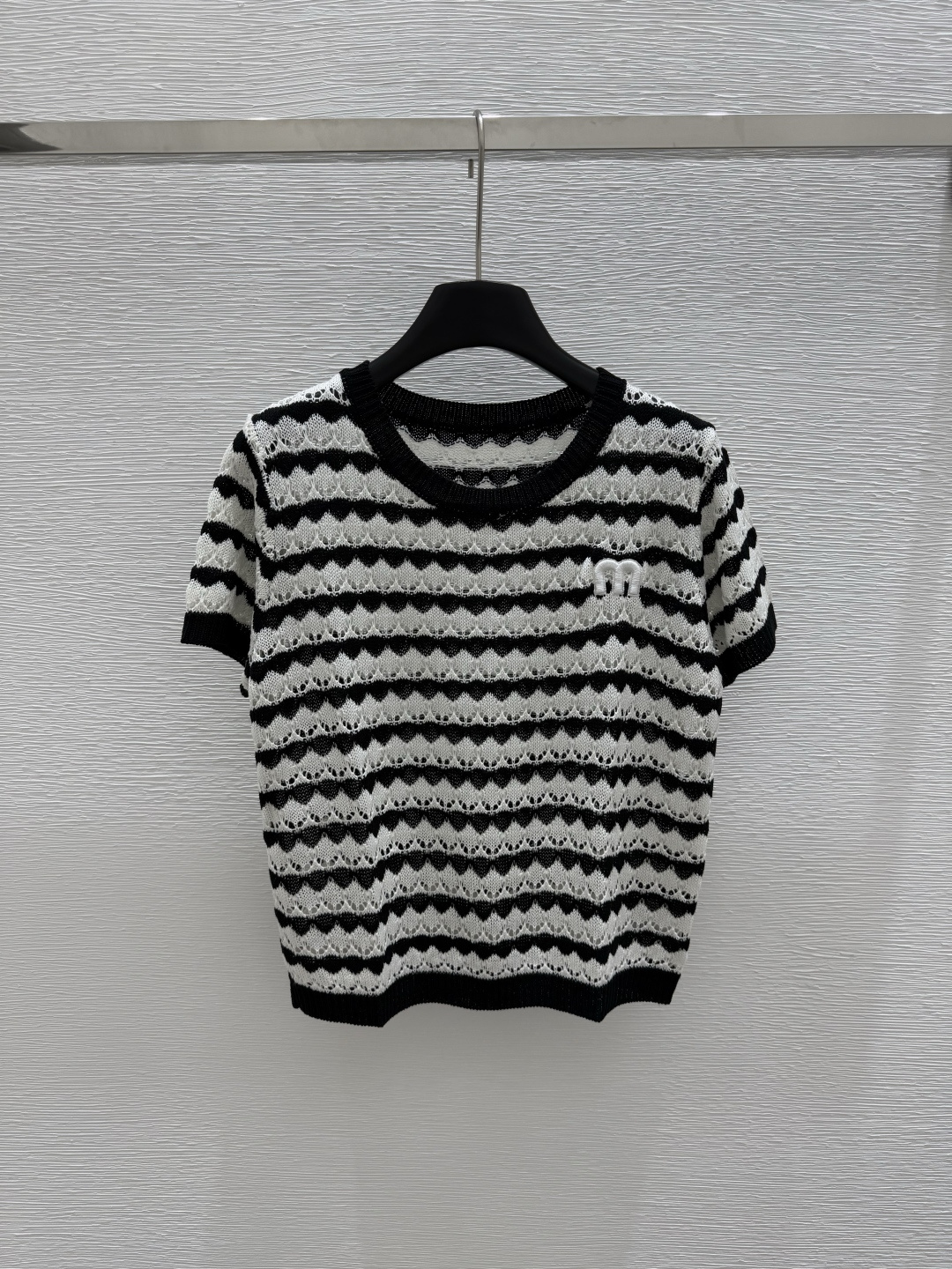 NO:417966,M Home Summer New Style Round Neck Hollow Stripe Knitted Short Sleeve Color Black Size 36.38.40, T-shirt,alexander wang19860909M家 夏季新款 圆领镂空条纹针织短袖 颜色 黑色 尺码36.38.40,,T-shirt,alexander wang,Women's clothing