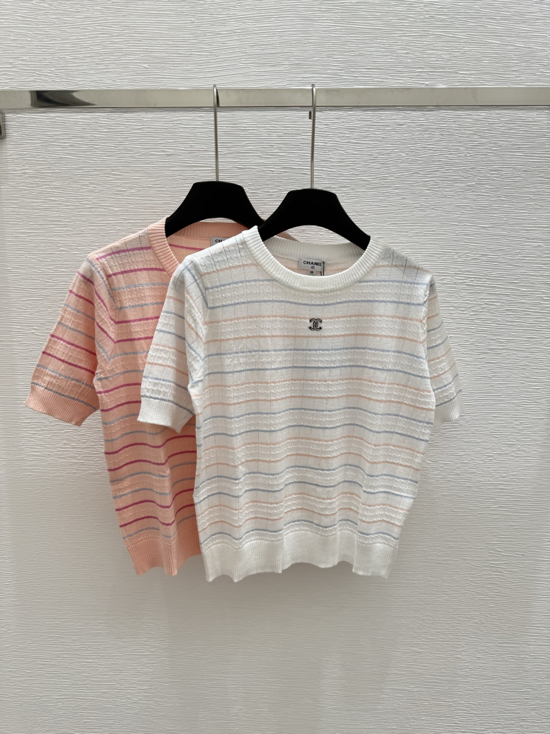 NO:419517,CH Home Summer New Style Round Neck Striped Knitted Short Sleeve Color White Pink Size 36.38.40, T-shirt,alexander wang19860909CH家 夏季新款 圆领条纹针织短袖 颜色白色 粉色 尺码36.38.40,,T-shirt,alexander wang,Women's clothing