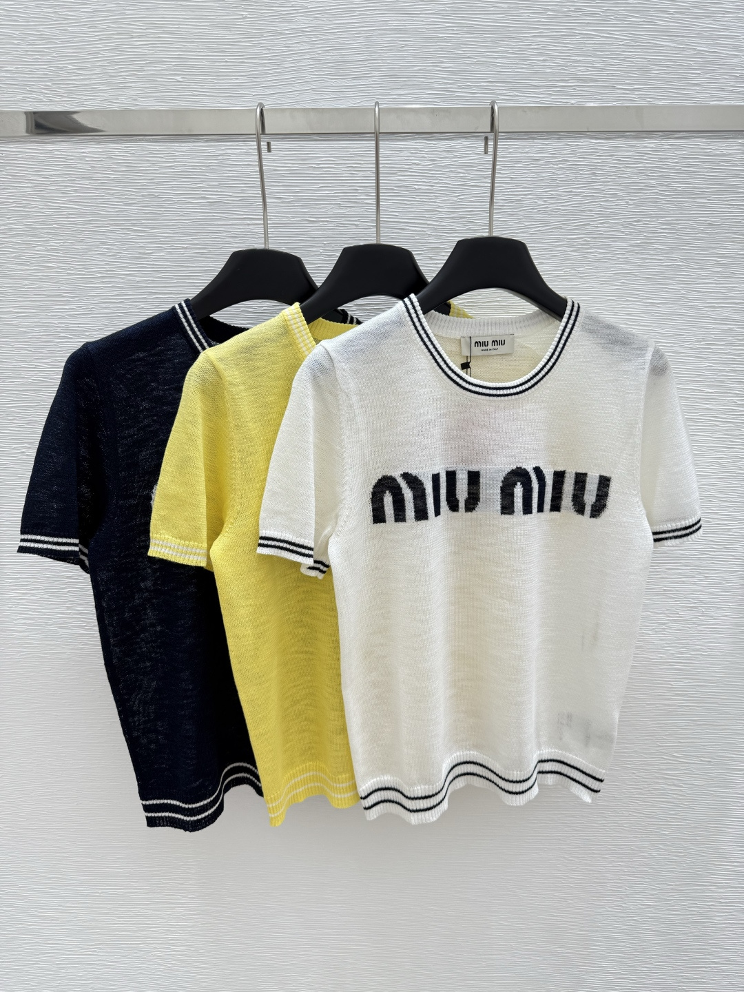 NO:419436,M Home New Summer Style Round Neck Letter Knitted Short Sleeve Color White Yellow Royal Blue Size 36.38.40, T-shirt,alexander wang19860909M家 夏季新款 圆领字母针织短袖 颜色白色 黄色 宝蓝色 尺码36.38.40,,T-shirt,alexander wang,Women's clothing