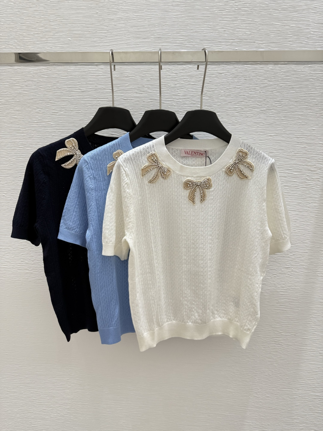 NO:419479,VA Home New Summer Style Bow Knitted Short Sleeve Color White Blue Royal Blue Size 36.38.40, T-shirt,alexander wang19860909VA家 夏季新款 蝴蝶结针织短袖 颜色白色 蓝色 宝蓝色 尺码36.38.40,,T-shirt,alexander wang,Women's clothing