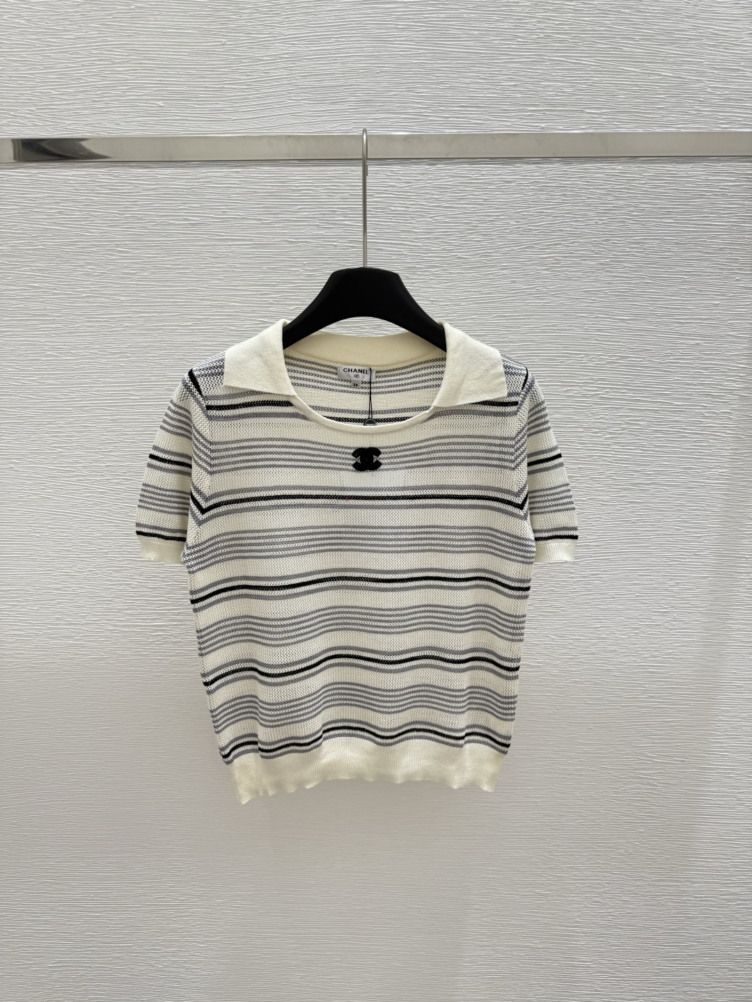 NO:427675,CH Home Summer New Style Lapel Stripe Knitted Short Sleeve Color White Size 36.38.40, T-shirt,alexander wang19860909CH家 夏季新款 翻领条纹针织短袖 颜色白色 尺码36.38.40,,T-shirt,alexander wang,Women's clothing