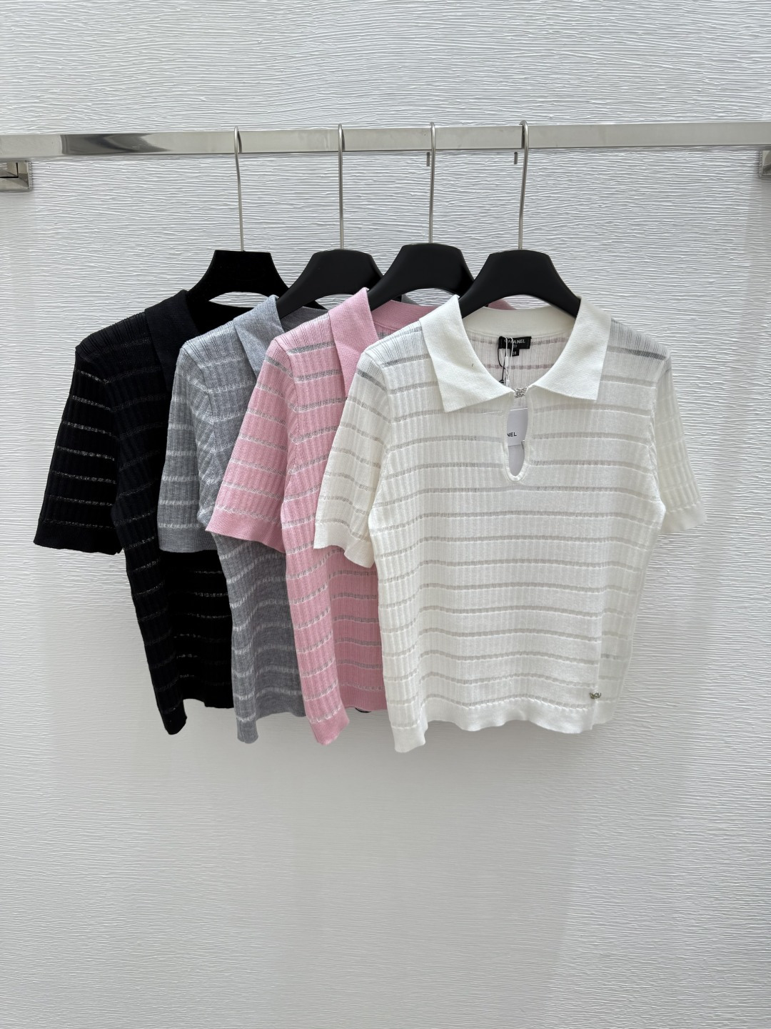 NO:427721,CH Home Summer New Style Lapel Knitted Short Sleeve Color Pink White Black Gray Size 36.38.40, T-shirt,alexander wang19860909CH家 夏季新款 翻领针织短袖 颜色粉色 白色 黑色 灰色 尺码36.38.40,,T-shirt,alexander wang,Women's clothing