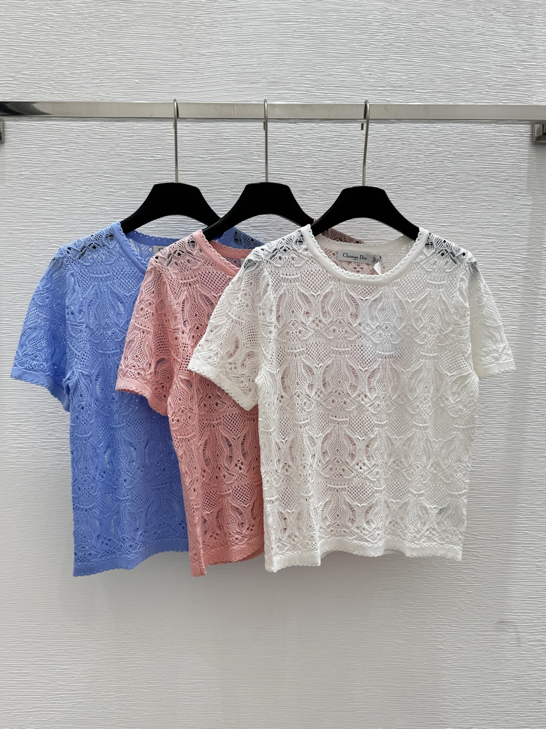 NO:429093,CH Home Summer New Style Solid Color Simple Hollow Knitted Round Neck Short Sleeve Color White Pink Blue Size 36.38.40, T-shirt,alexander wang19860909CH家 夏季新款 纯色简约镂空针织圆领短袖 颜色白色 粉色 蓝色 尺码36.38.40,,T-shirt,alexander wang,Women's clothing