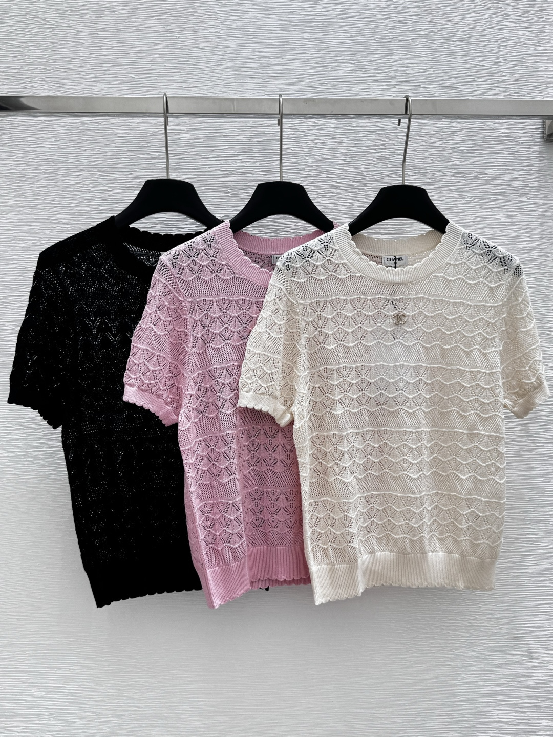 NO:429098,CH Home Summer New Style Solid Color Simple Hollow Knitted Round Neck Short Sleeve Color White Pink Black Size 36.38.40, T-shirt,alexander wang19860909CH家 夏季新款 纯色简约镂空针织圆领短袖 颜色白色 粉色 黑色 尺码36.38.40,,T-shirt,alexander wang,Women's clothing
