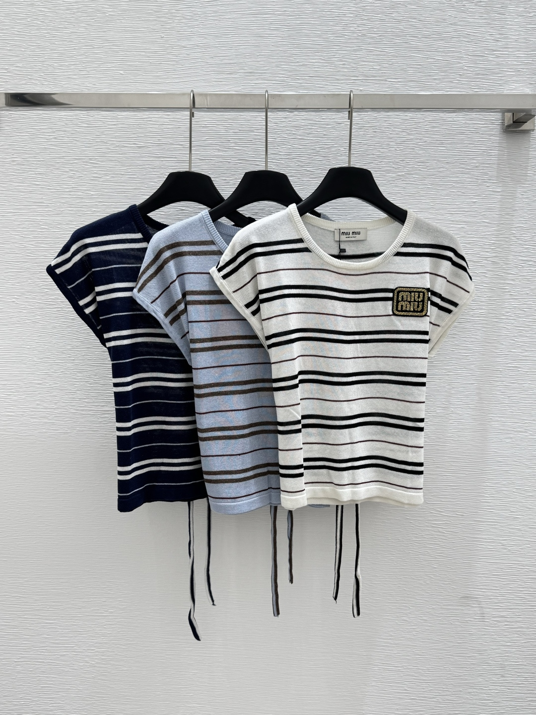 NO:429108,M Home Summer New Style Contrast Stripe Strap Knitted Short Sleeve Color White Blue Royal Blue Size 36.38.40, T-shirt,alexander wang19860909M家 夏季新款 撞色条纹绑带针织短袖 颜色白色 蓝色 宝蓝 尺码36.38.40,,T-shirt,alexander wang,Women's clothing