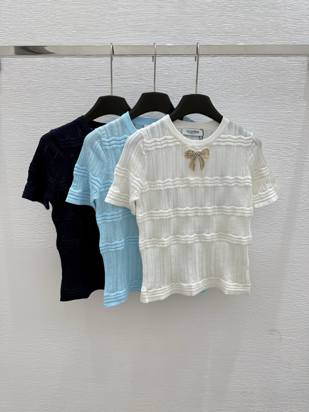 NO:429863,VA Home New Summer Style Bow Nail Diamond Knitted Short Sleeve Color Royal Blue White Blue Size 36.38.40, T-shirt,alexander wang19860909VA家 夏季新款 蝴蝶结钉钻针织短袖 颜色宝蓝色 白色 蓝色 尺码36.38.40,,T-shirt,alexander wang,Women's clothing
